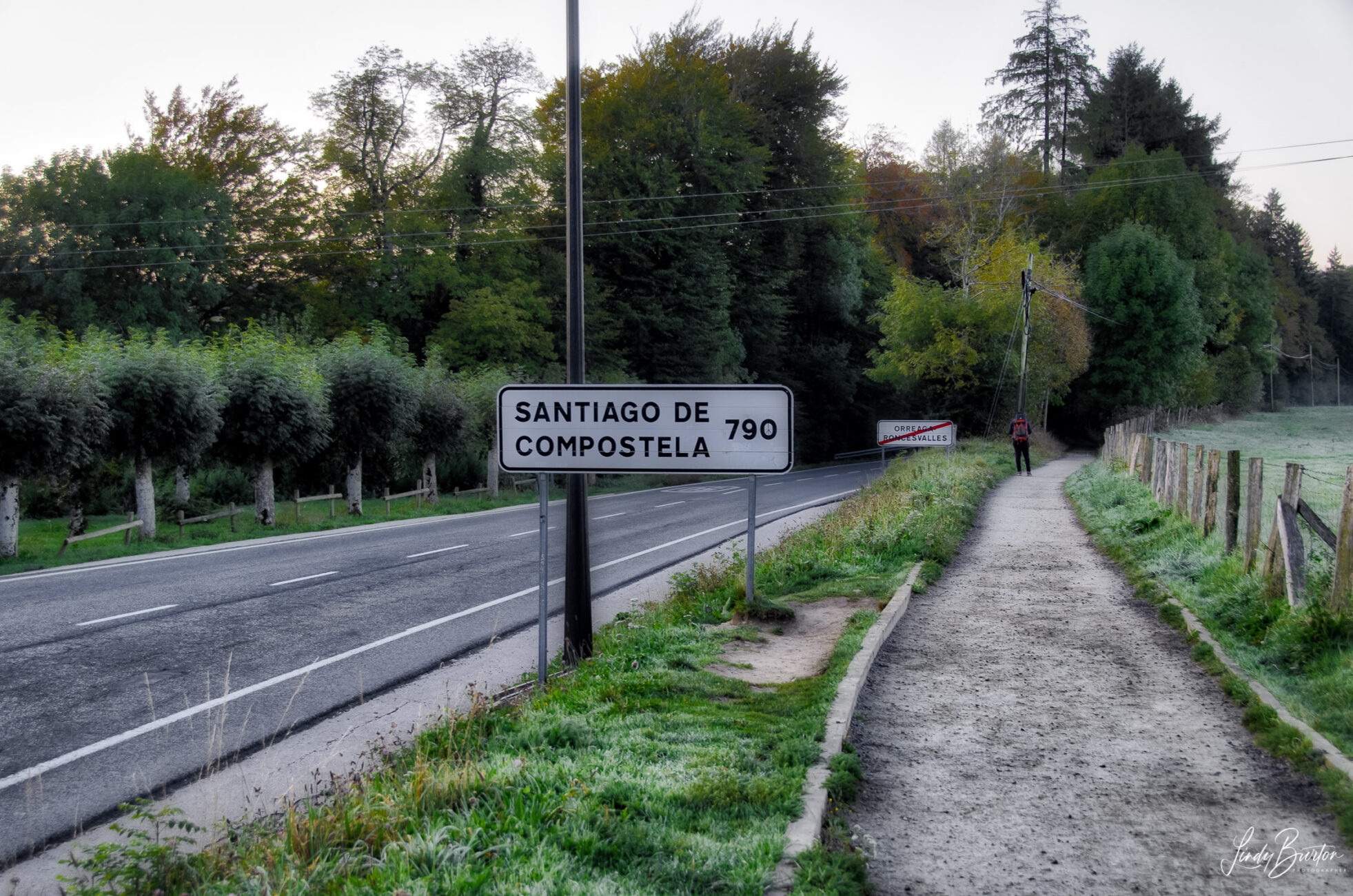 Camino Frances Leaving Roncesvalles 790km sign to Santiago Spain